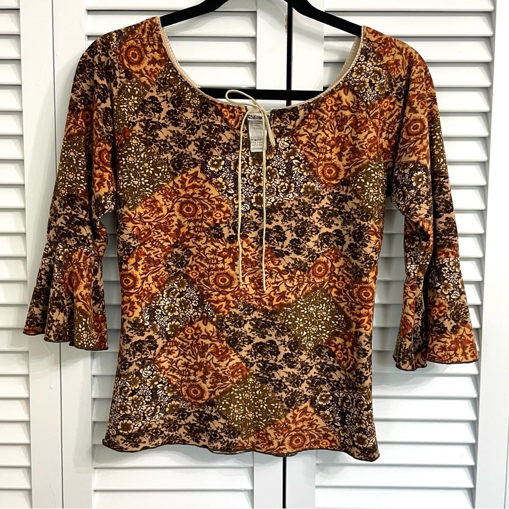 VTG Y2K Papara Flare Sleeve Top Brown Orange Floral Pattern Grunge Peasant Sz S